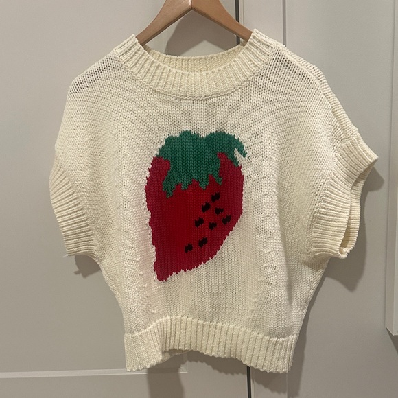 Maeve Sweaters - Maeve Cream Knit Short-Sleeve Sweater with Red & Green Strawberry